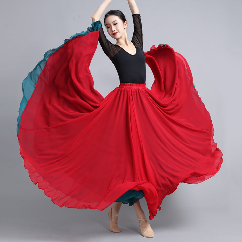 Женская длинная юбка для танца, шифоновая юбка с широкой юбкой, 540/720 градусов