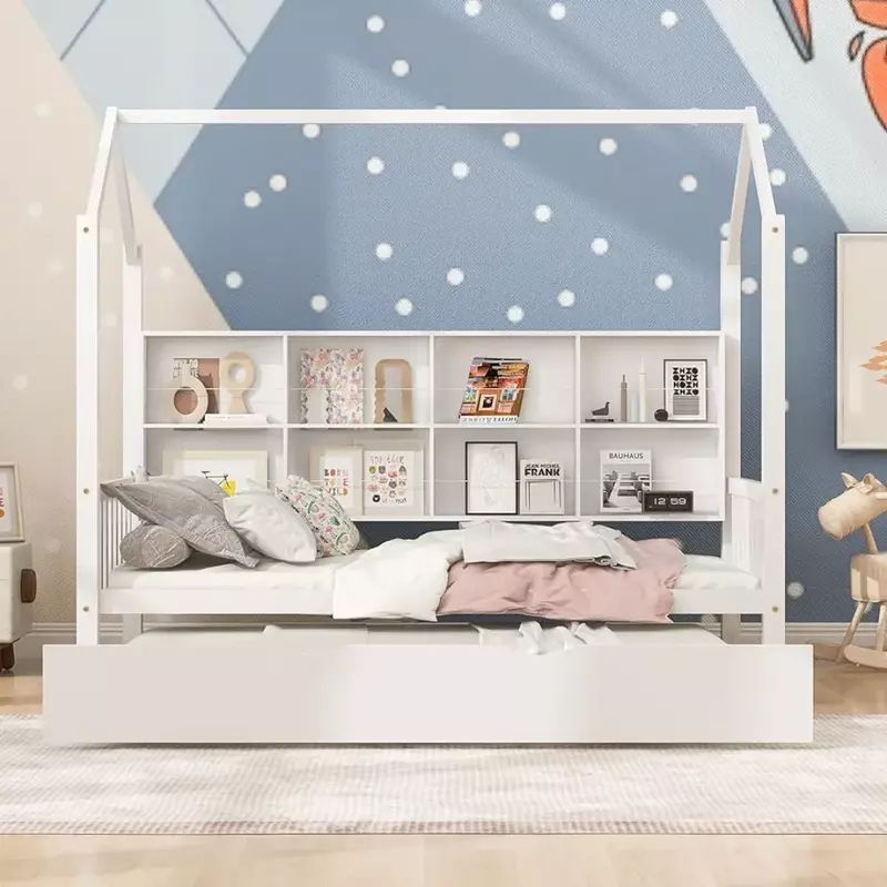 Children's modern chalet bed with keel, triangular roof sleepers, twin beds, shelves with storage space and solid frame