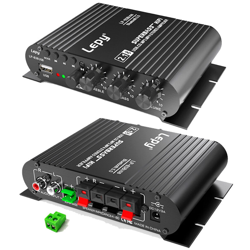 LEPY-Amplificador de Subwoofer para coche y hogar, dispositivo de música con USB 838, Bluetooth 5,0, HIFI, 2,1 canales, 12V, sin pérdidas, apto para altavoz de 4-8 ohmios