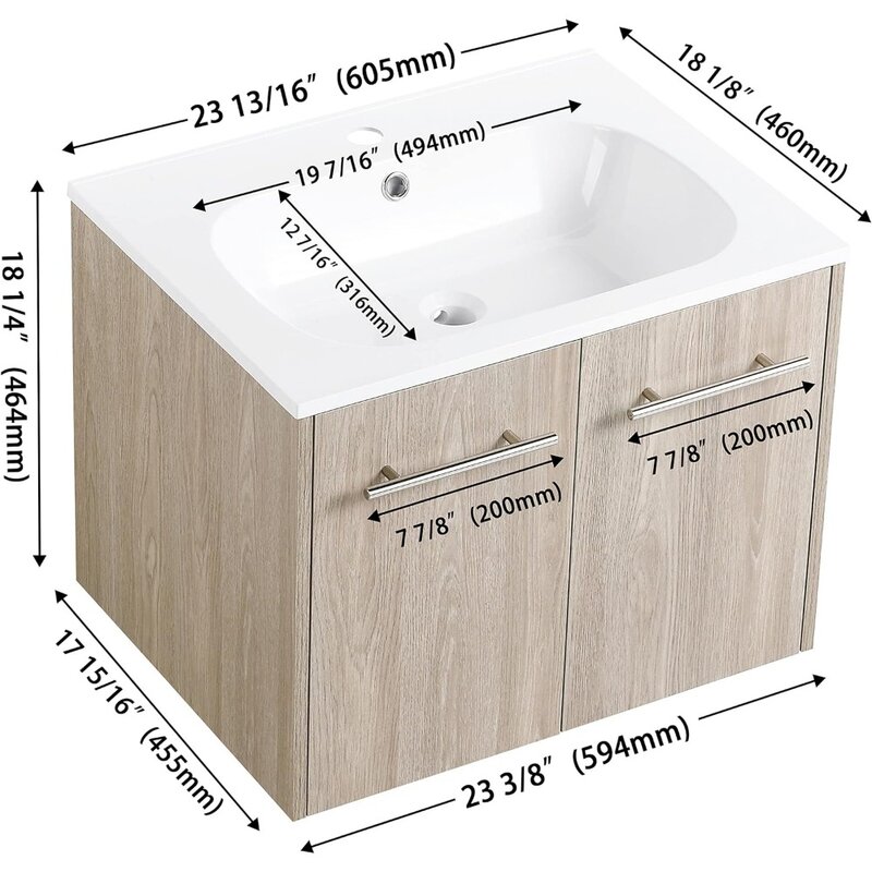 Drewniane wiszące szafka kąpielowa do przechowywania mała przestrzeń umywalka biały dąb 24 Cal nowoczesny zestaw do makijażu w łazience z umywalką do domu