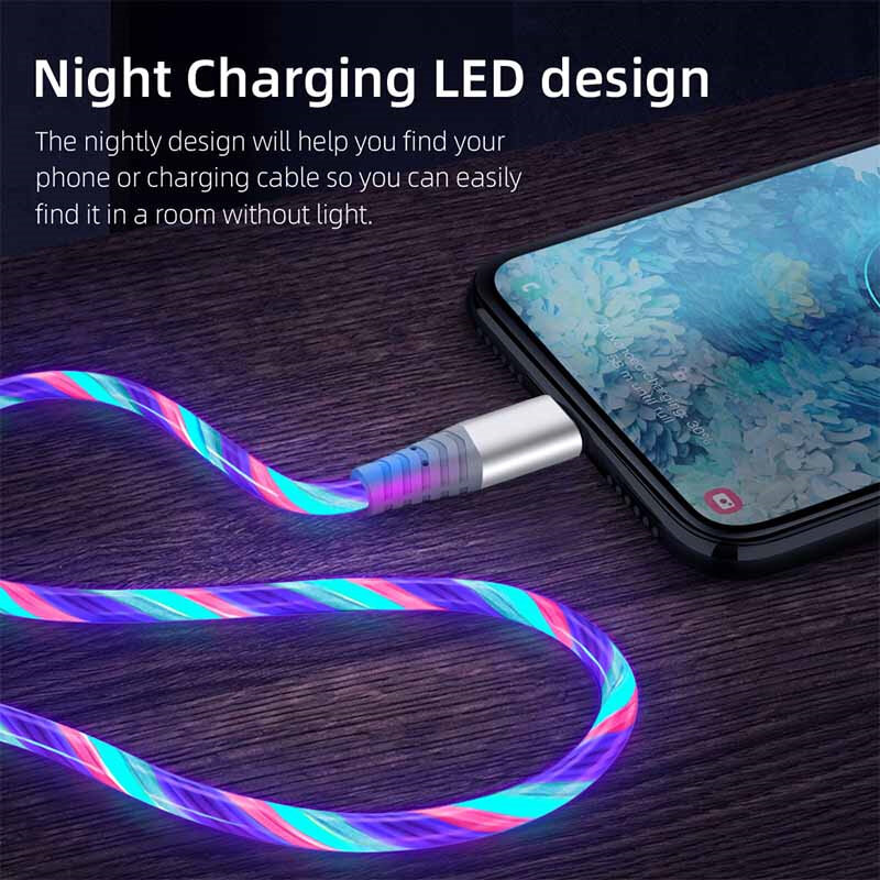 Flow Lichtgevende Usb Type C Kabel 3A Snel Opladen Data Cord Voor Samsung Xiaomi Oppo Huawei Iphone Charger Micro Usb draad Led Kabel
