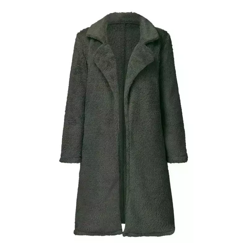 여성용 라펠 버튼리스 인조 모피 재킷, 중간 길이 코트, 따뜻한 인조 모피 캐주얼 재킷, 단색 패션, 2023 용수철 가을, 신상