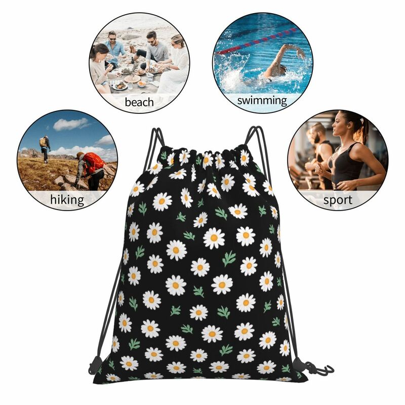 Daisy Pattern On Black Backpacks Portable Drawstring Bags Drawstring Bundle Pocket Storage Bag Book Bags For Man Woman Students