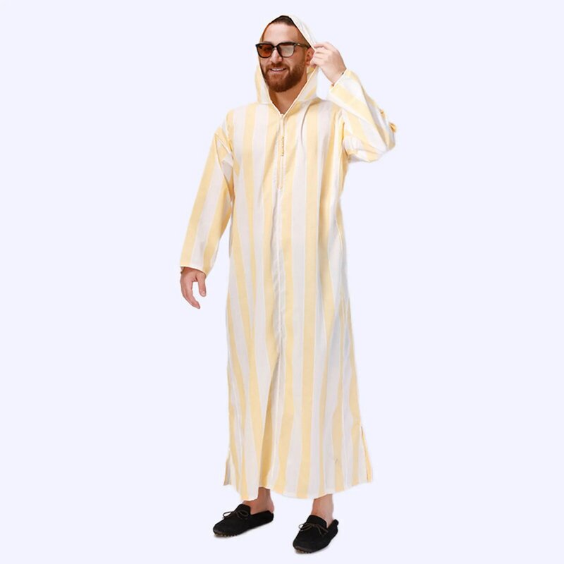 Robe muçulmano solto casual masculino, camisola com capuz, estampa listra simples, confortável masculino Jubba Thobe, moda, verão