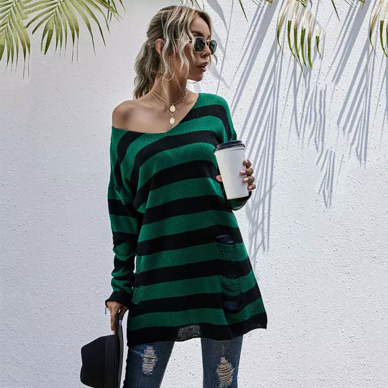 2024 Spring Autumn Women Green and Blue Striped Sweater New Fashion V-Neck Green Stripped Sweater Oversized Knit Pullovers Tops