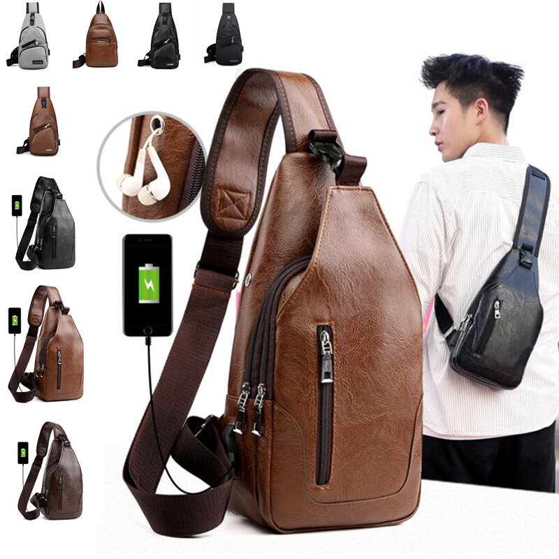 Bolso de hombro con carga USB para hombre, bandolera de pecho antirrobo para hombre, bolsa de mensajero de viaje con una sola correa trasera
