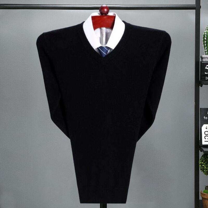 Suéter de malha grossa com decote em V masculino, pulôver solto de manga longa, elástico, macio, antiencolhimento, comprimento médio, outono, inverno