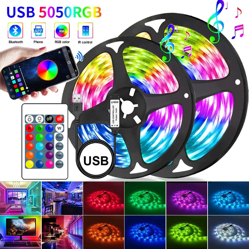 Tira de luces LED de 5V, cinta Flexible con USB, 5050 Bluetooth, RGB, para decoración de habitación de Navidad, retroiluminación de TV, 1-30m