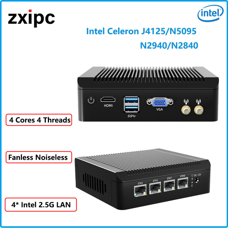 Computador Fanless Industrial, Mini PC, Roteador LAN, NVMe Firewall pfsense, Intel Celeron J4125, N5095, 4x2.5G