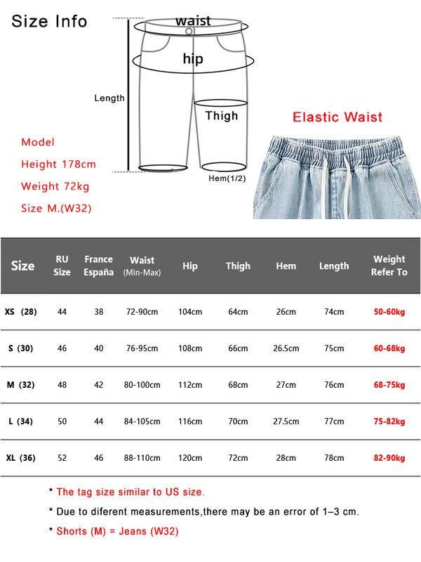 2024 New Summer Men's Jeans 3/4 Short Denim Pants Washed Cotton Casual Capris Jeans Drawstring Waist Straight Loose Breeches