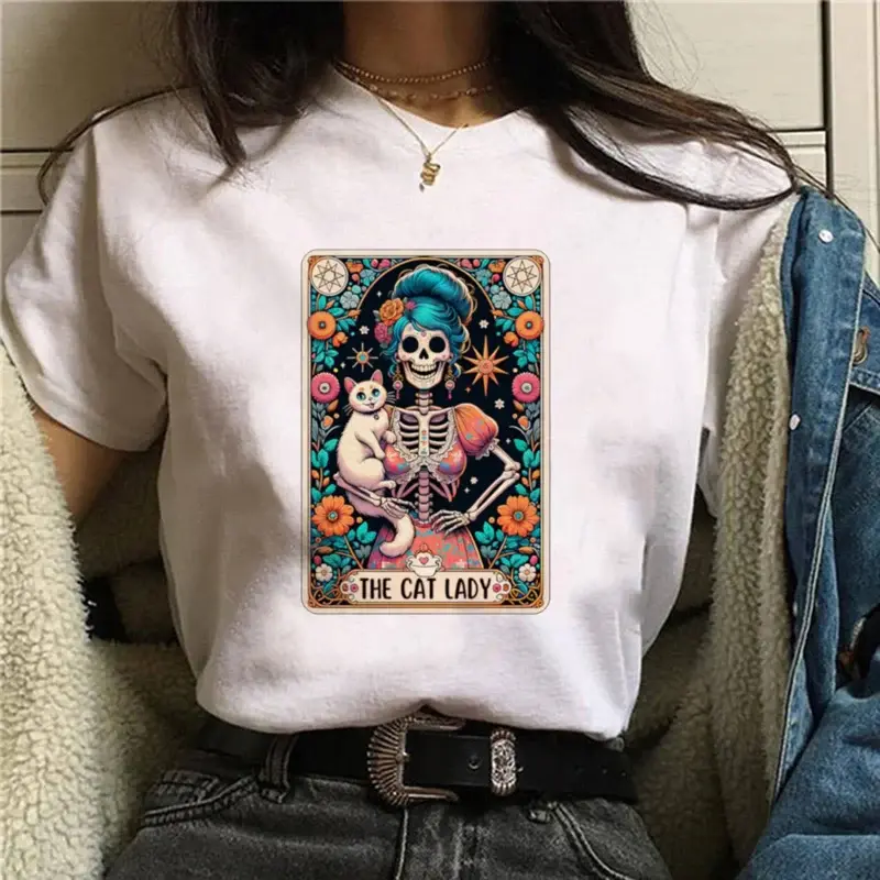 Thecat Lady-Camiseta de manga curta feminina, marca de tarô estampada, top com gola O, impressão estilo impresso, camiseta casual na moda