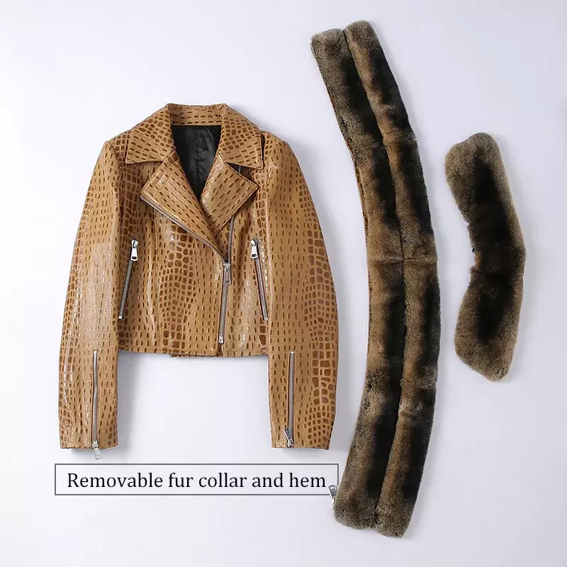 Jaqueta de couro real feminina, casaco de pele de carneiro, punho destacável Rex Rabbit Fur Collar, moda