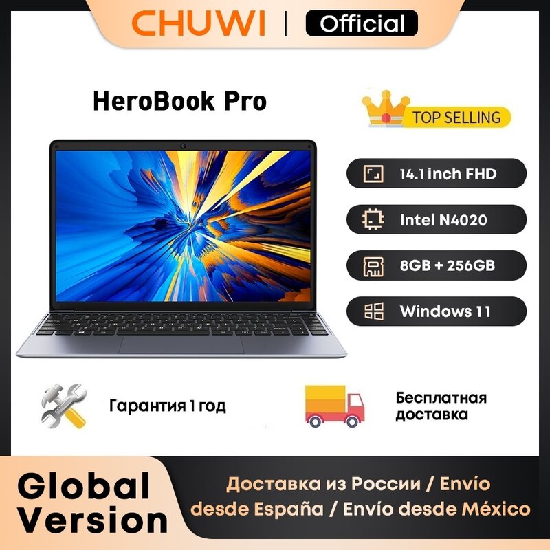 CHUWI-히어로북 프로, 14.1 인치, 1920x1080 해상도, 인텔 셀러론 N4020, 듀얼 코어, 윈도우즈 10, 8GB RAM, 256GB SSD, 미니 HD 노트북