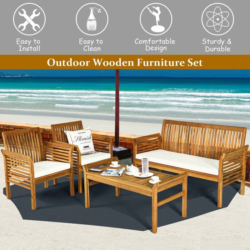 4/8pc Outdoor Acacia Wood Sofa Set w/ Water Resistant Cushions, Padded Patio Conversation Table Chair Set w/ Coffee Table