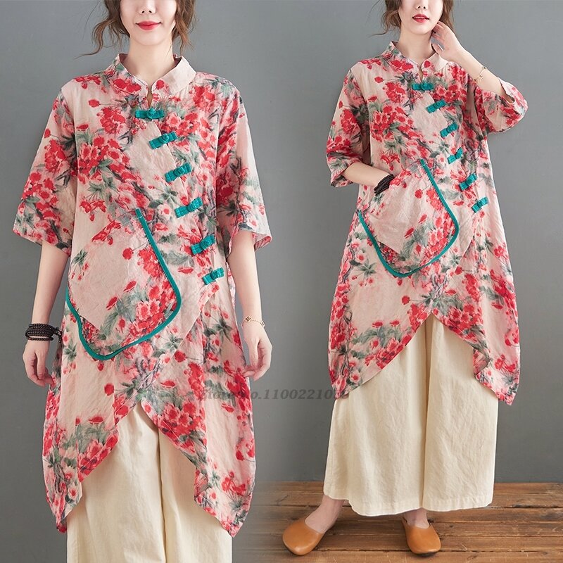 2024 cinese vintage hanfu top camicetta di lino di cotone migliorata nazionale camicetta folk irregolare con stampa floreale orientale streetwear