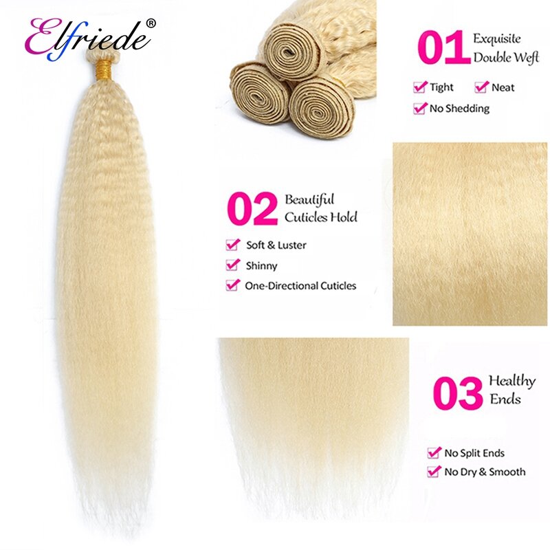 Elfriade-extensiones de cabello humano 613 Remy, mechones de cabello humano liso y rizado, color rubio 100%, 3/4 mechones