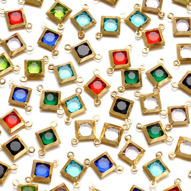10 buah baja tahan karat lubang ganda belah ketupat dengan kristal berlian imitasi gelang kalung konektor liontin untuk DIY pembuatan perhiasan