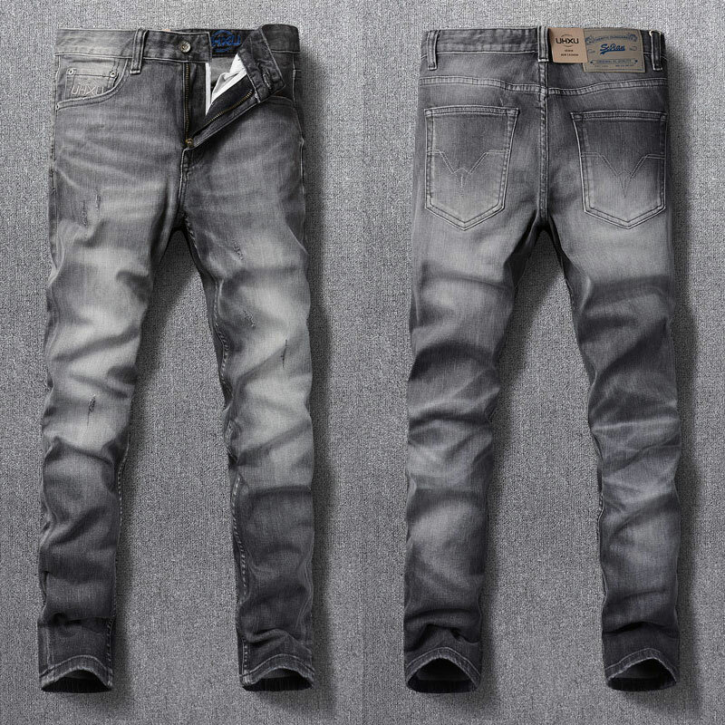 Italienische Mode Männer Jeans Retro Dunkelgrau Elastische Slim Fit Zerrissene Jeans Männer Hosen Vintage Designer Denim Hosen Hombre