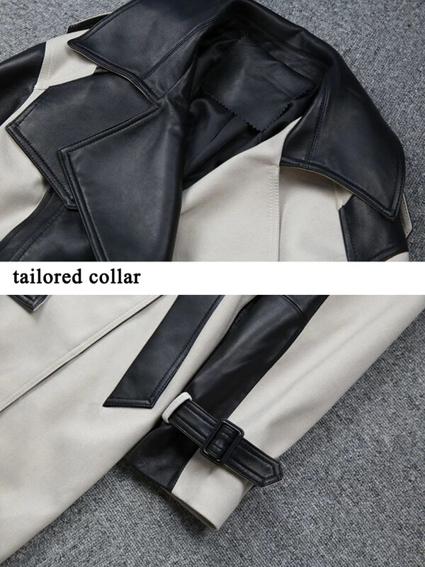 Manteau long en cuir épissé pour femme, coupe-vent noir et blanc, streetwear féminin, grande ceinture à revers, hiver, 2024