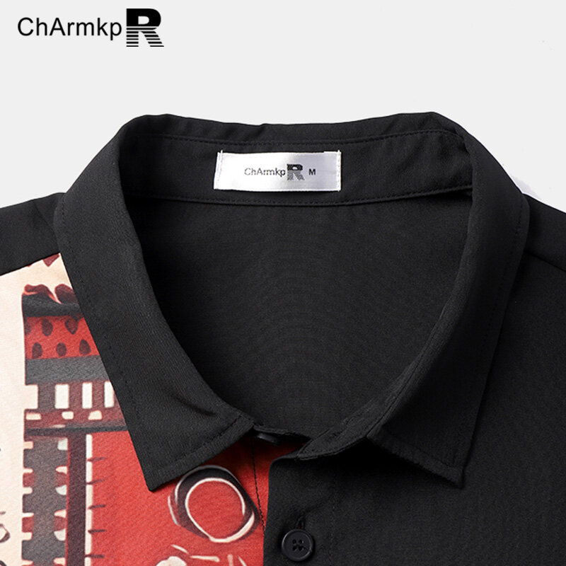 ChArmkpR 남성용 기하학적 프린트 패치워크 셔츠, 반팔 상의, 캐주얼 셔츠, 스트리트웨어, S-2XL 티, 패션 의류, 2024 여름
