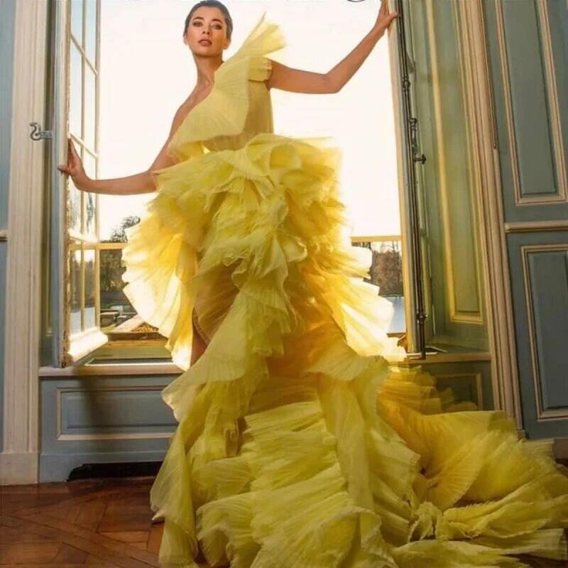 Formalna okazja sukienki na jedno ramię wysokie rozcięcie suknia na bal maturalny żółta, długa sukienka formalna okazja sukienki plisowany tiul
