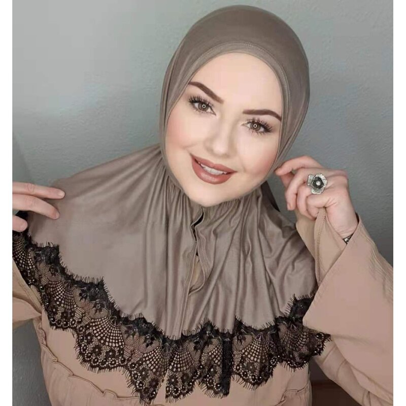 ชุดเดรสผ้าเจอร์ซีย์สำหรับสตรีมุสลิมผ้าฮิญาบผ้าลูกไม้สีขาวผ้าฮิญาบแบบผูกเชือก
