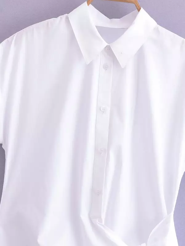 Blusa de popelina asimétrica para mujer, camisa Vintage de manga corta con botones, elegante, con decoración de cordones, nueva moda