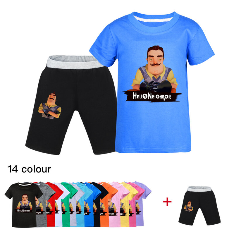 Horror Game Hello My Heighbor T Shirt Kids Short Sleeve T-shirt Shorts 2pcs Sets Toddler Girls Outfits Baby Boys Summer Clothing