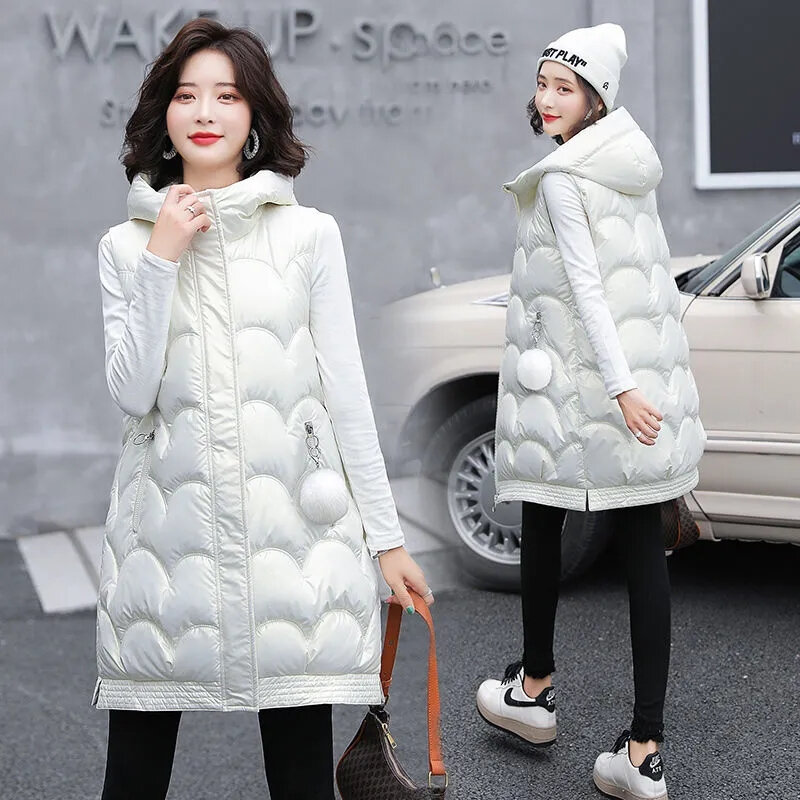 2024 Oversized Cotton Vests Sleeveless Coat Women Autumn Winter Hooded Waistcoat Puffer Parkas Long Warm Down Cotton Outwear