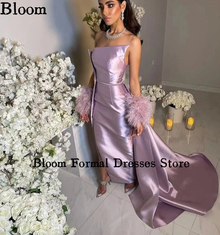 Bloom-Lavender Cetim Strapless Prom Vestidos, Split Side, Plush Oversleeves, Noble Vestidos de Noite, Wedding Party Gown, Frete Grátis