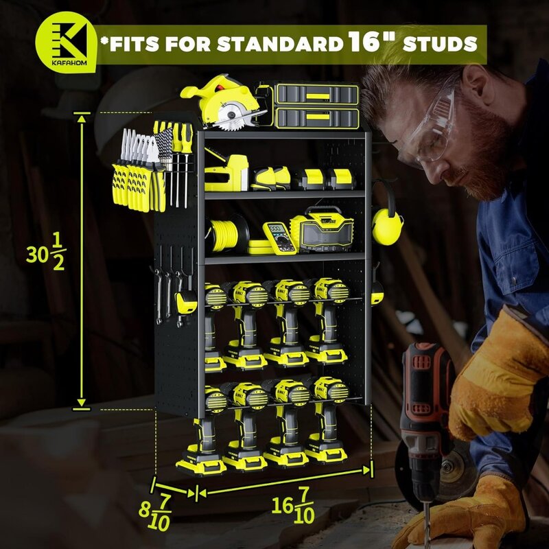 Power Tool Organizer,Large 8 Drill Holder Wall Mount with 2 Side Pegboards,5 Layer Metal Tool Storage Rack with 12 Hooks