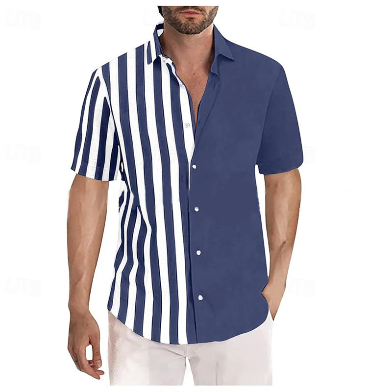 Camisa de praia extragrande masculina, manga curta, bloco de cores, lapela listrada, roupa de resort havaiana, moda casual, verão, 6XL, 2024