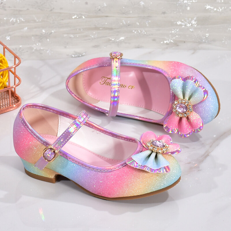 Zapatos de cuero arcoíris con lentejuelas para niña, zapatillas de princesa, calzado de rendimiento, 23