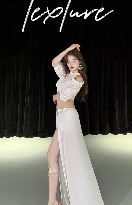 Belly Dance Dress Autumn/Winter Mesh Sexy Off Shoulder+Split Skirt 2PC Practice Dress Oriental Dance Performance Set