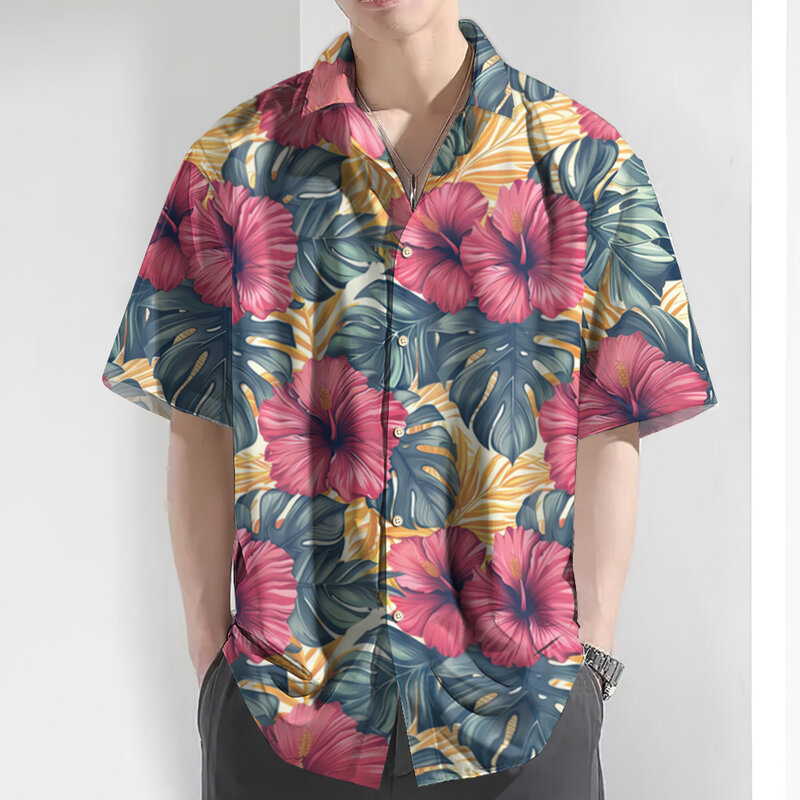 男性用3Dビーチフラワープリント「ハワイアン」Tシャツ,特大カジュアルウェア,新しいファッション,夏