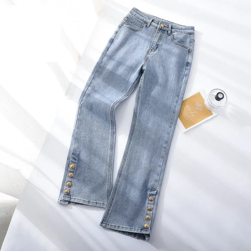 Calça jeans de cintura alta com elástico, feminina, corte rachado, calça casual feminina, feminina, nova, primavera, outono, 2022
