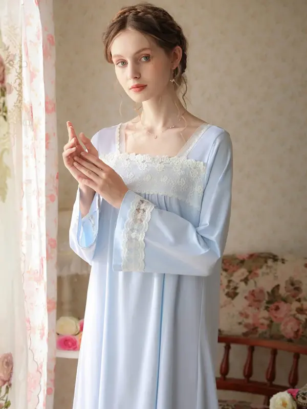 Женская весенне-осенняя пижама с длинными рукавами, хлопковая кружевная Античная Милая Пижама, ночные рубашки с квадратным вырезом, винтажная ночная рубашка принцессы