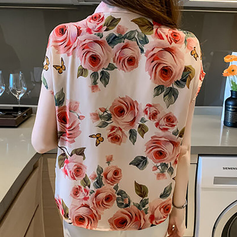 Camisa de gasa con estampado Floral para mujer, blusa holgada con solapa, Estilo Vintage coreano, para oficina, novedad de verano, 2024