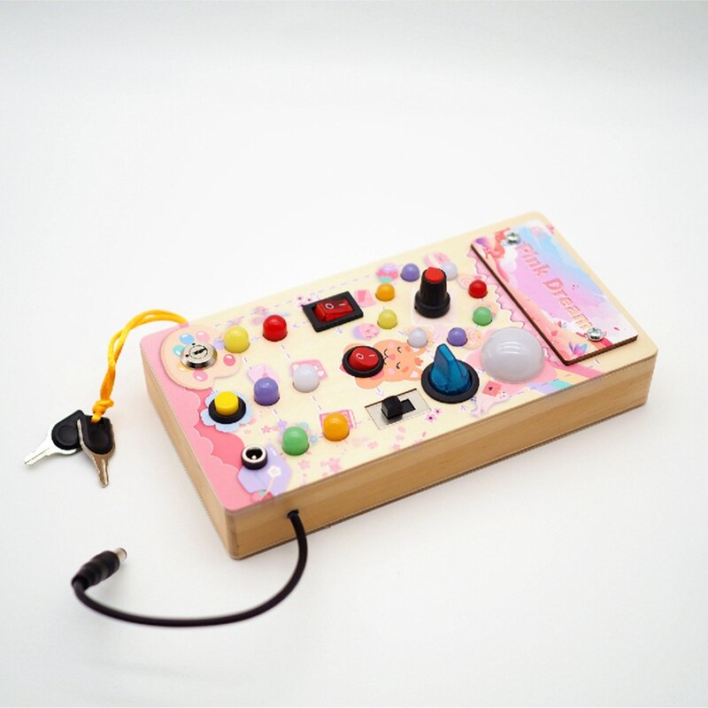 Busy Board, Wooden Busy Board With LED Light Switches, Sensory Toys Light Switch Toys Travel Toys Pink Dream Easy Install