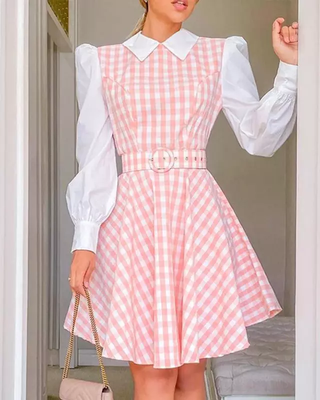 Ladies Hot Selling New Pink Plaid Fashion Long Sleeve Lapel Print Daily Elegant Young with Belt Dress