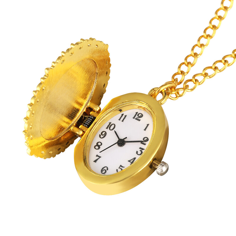 Reloj de bolsillo ovalado dorado para hombre y mujer, relojes de cuarzo con patrón de la Virgen María Jesús, cadena de collar Vintage, regalos