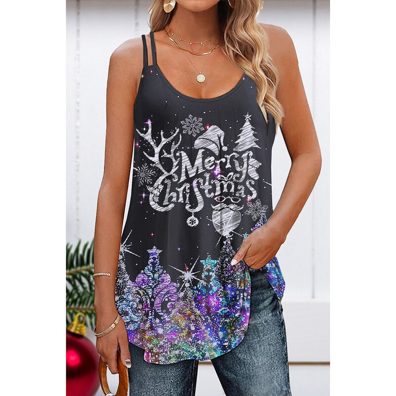 Plus Size Christmas Navy Blue Letter Sparkly Christmas Tree Print Cami With Built In Bra