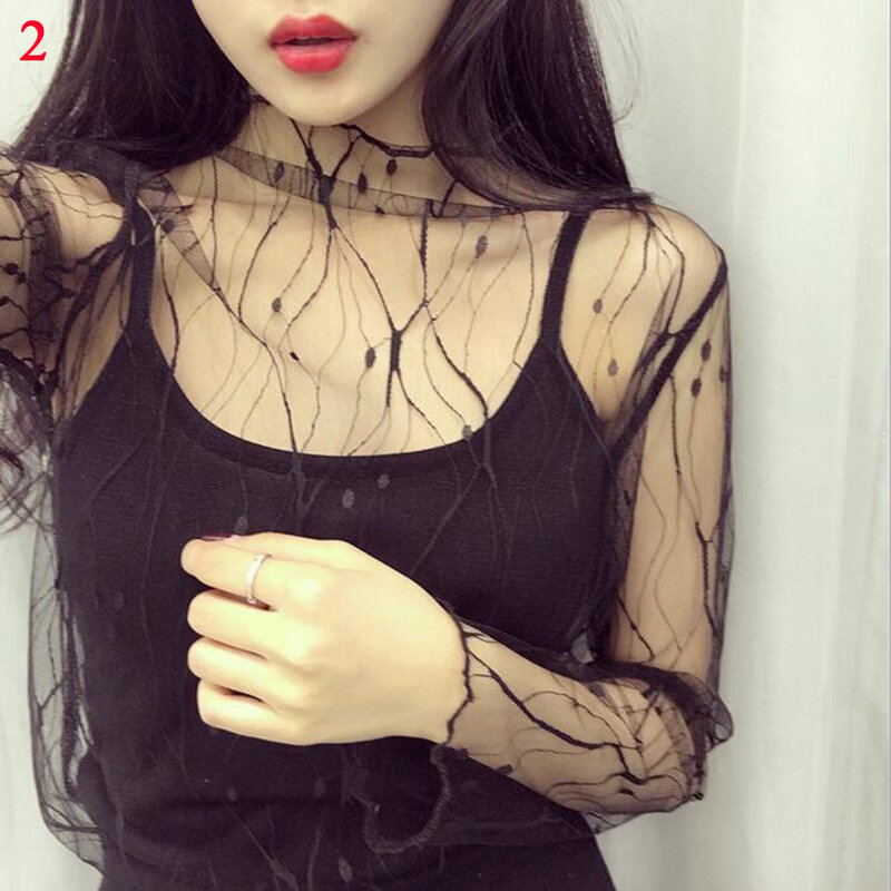 Korean Sexy Mesh Tops Women Transparent Sheer Fishnet Lace T-Shirts Harajuku Casual Long Sleeve Sunscreen Blouses Clubwear