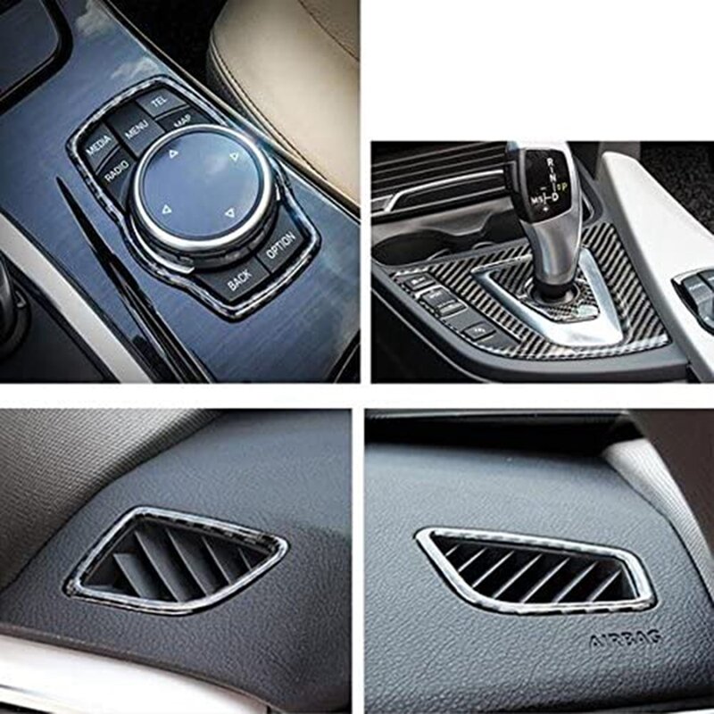 ทั้งชุดคาร์บอนไฟเบอร์สำหรับ BMW 3 Series F30 4 Series F33 2013-2019, AC Outlet Vents Trim,เกียร์ Shift Knob Cover