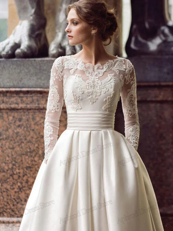 Klasyczne suknie ślubne damskie 2024 w stylu Vintage suknie ślubne z koronkowymi aplikacjami satynowe szaty na imprezę Vestidos De Novia 2023