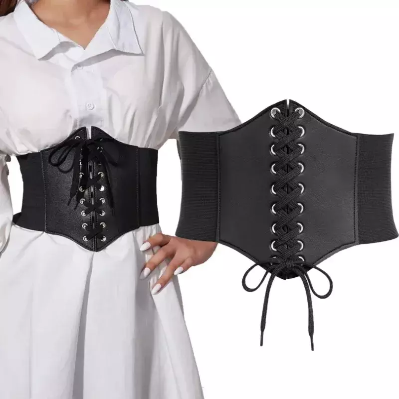 Cintos espartilho gótico de couro PU com cordões para mulheres, cintura emagrecedora, cinto espartilho vintage para meninas, cinto espartilho largo preto, moda