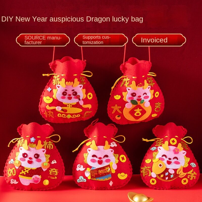Tas Keberuntungan DIY kerajinan gaya Tiongkok, mainan pendidikan Tahun Baru pola naga dengan tali gantung mainan DIY