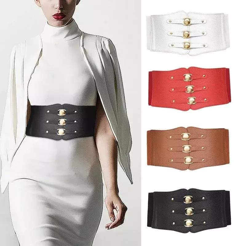 Moda feminina cinto largo nova fivela de metal elástica cintura rebite de couro ultra largo cinto elástico para mulher