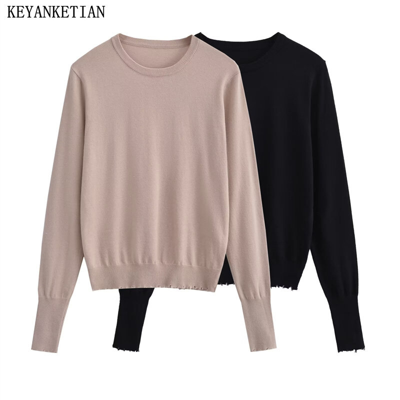 Keyanketian Herbst/Winter neue Damen Basic Sweater Pullover einfach O-Ausschnitt Langarm ausgefranste Trim Dekoration dünne Strickwaren