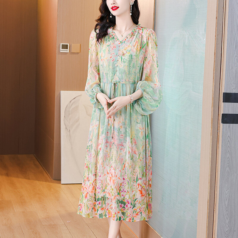 Silk Dress 2024 New Gentle and Sweet Aging Reducing Mulberry Silk Flower Print Exquisite Romantic French Fragmented Flower Dress